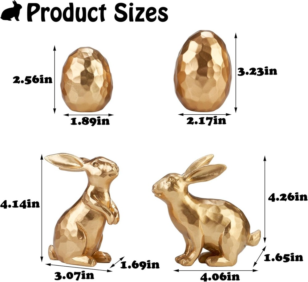 Gold Easter Bunny and Egg Set, 4Pcs Resin Easter Rabbit and Egg Figurines, Small