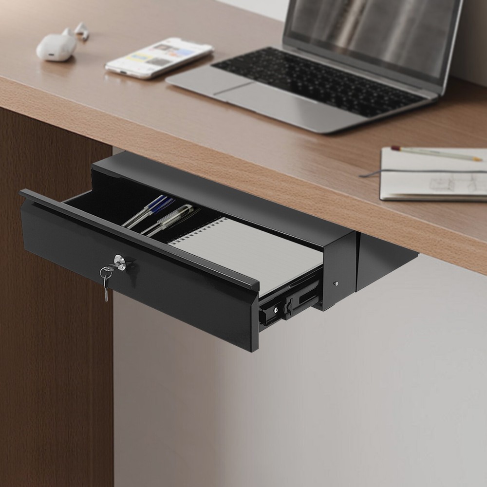 Sliding Pull-Out Drawer Under Desk Organizer with Lock for Office - Black