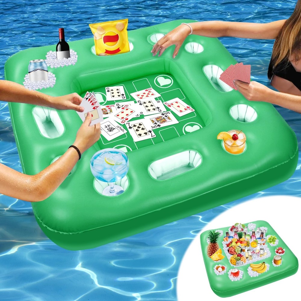 Floating Pool Table with Drink Holders, 40x40" Inflatable Game & Card Table
