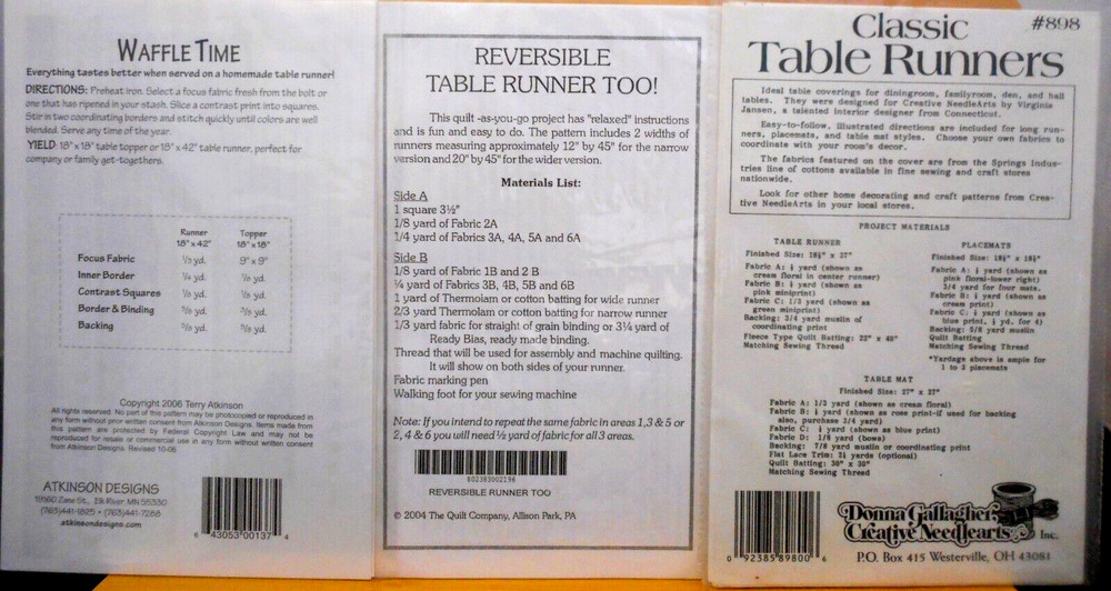 3 New Table Runner Quilt Patterns-Atkinson Waffle Time-Reversible-Classic #69