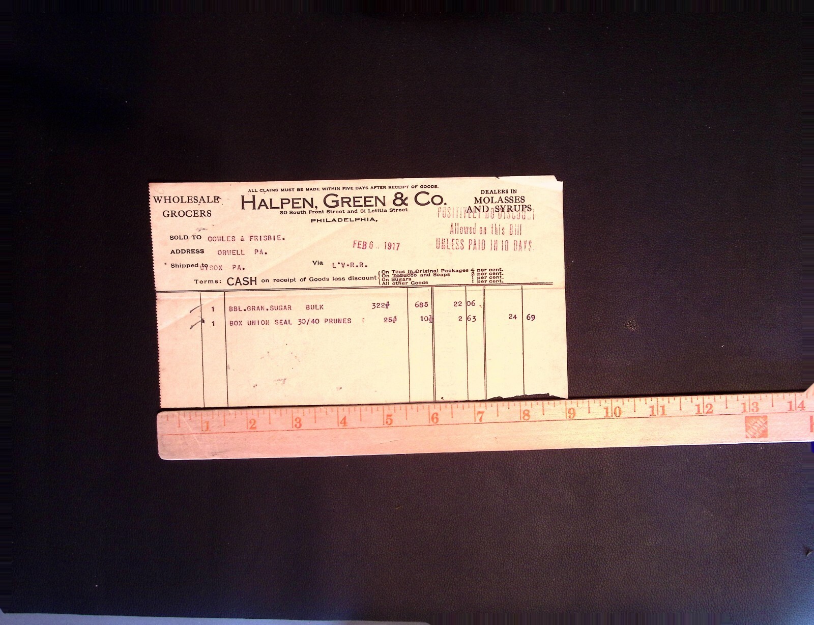 Halpen Green & Co Grocers Philadelphia 1917 Billhead Invoice Sugar Prunes