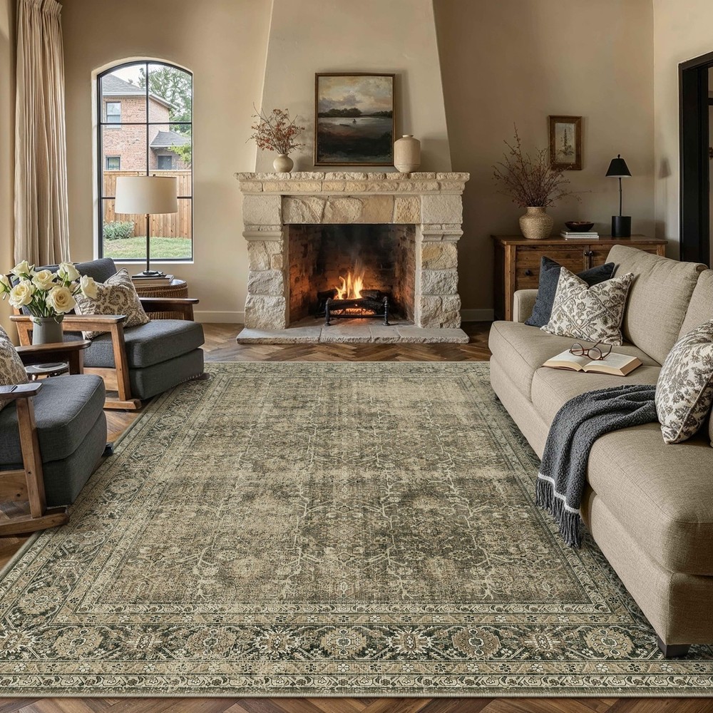 PureCozy Vintage Area Rug 5x7 Light 5' x 7' (Rectangular), Accent Brown