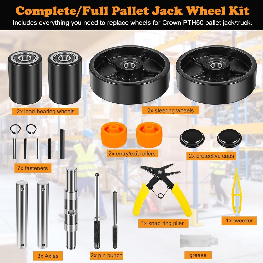 PTH50 Pallet Jack Full Wheels Replacement Set with Axles, 7"x 2" Steering Wheels