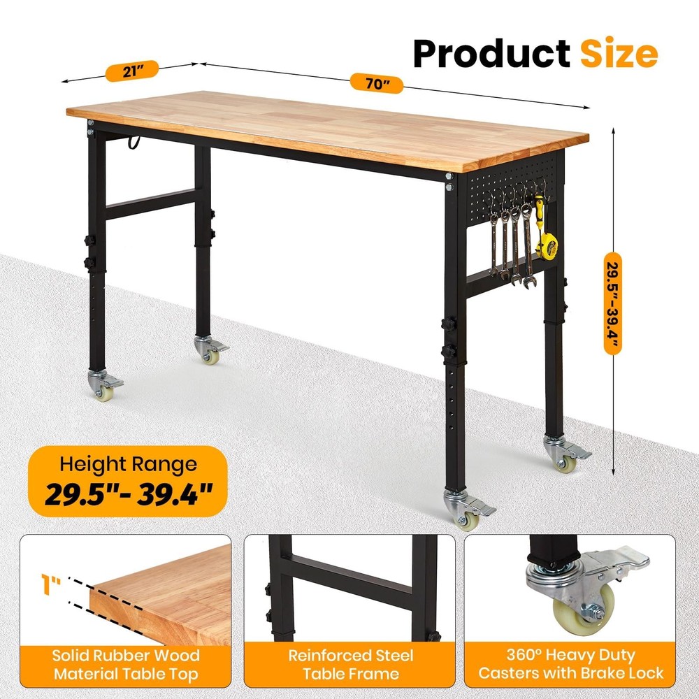 70" Adjustable Workbench 2000Lbs Load Work Bench with Pegboard & Power Outlets