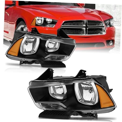 Halogen Headlights Assembly Compatible for 2011 Black Housing Amber Reflector