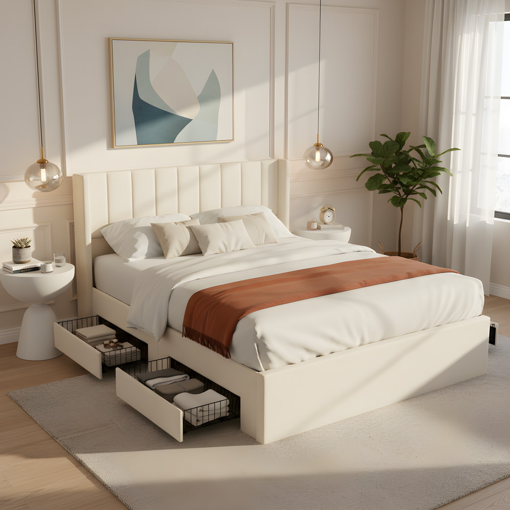 Large-capacity upholstered storage bed with drawers,Beige,Queen