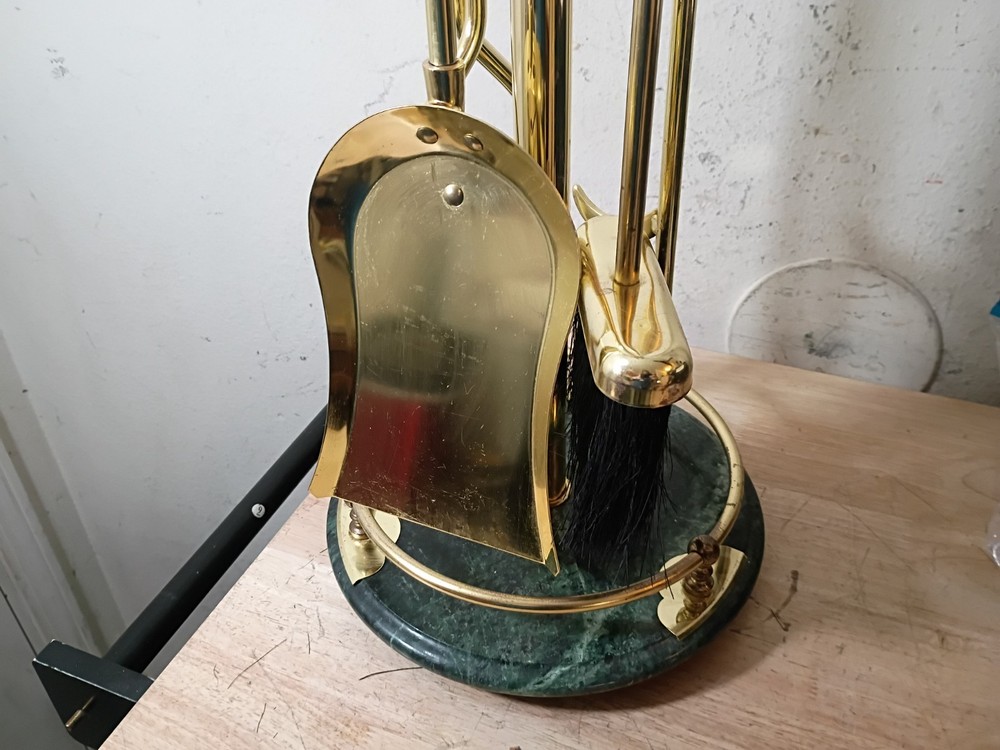 Vintage Green Marble and Bright Brass Fireplace Tool Set **EUC
