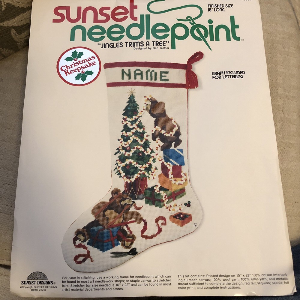 Sunset Needlepoint Stocking Kit 1978 Jingles Trims a Tree Bears 18" Opened Read