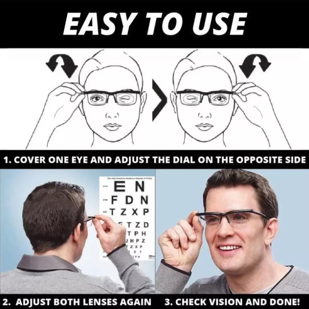 Dial Adjustable Glasses Variable Focus For Reading Distance Vision Eyeglasses US