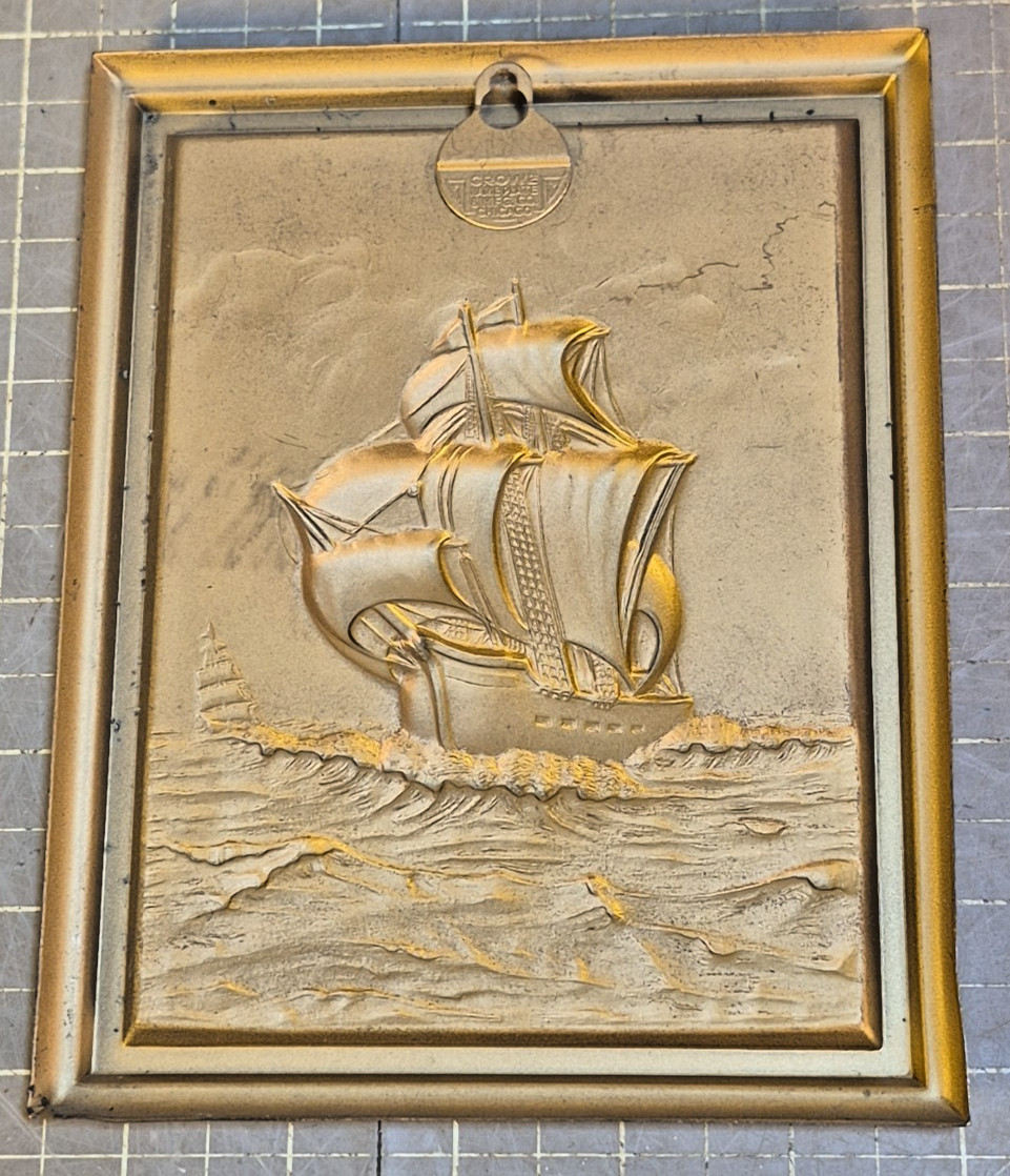 Antique Crowe Name Plate Mfg Ship Raised Metal Picture Chicago 5 1/2" x 7" d