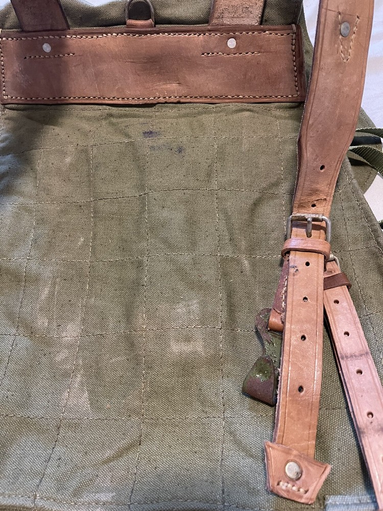 Vintage Romanian Army Canvas Backpack With Leather Shoulder Straps.
