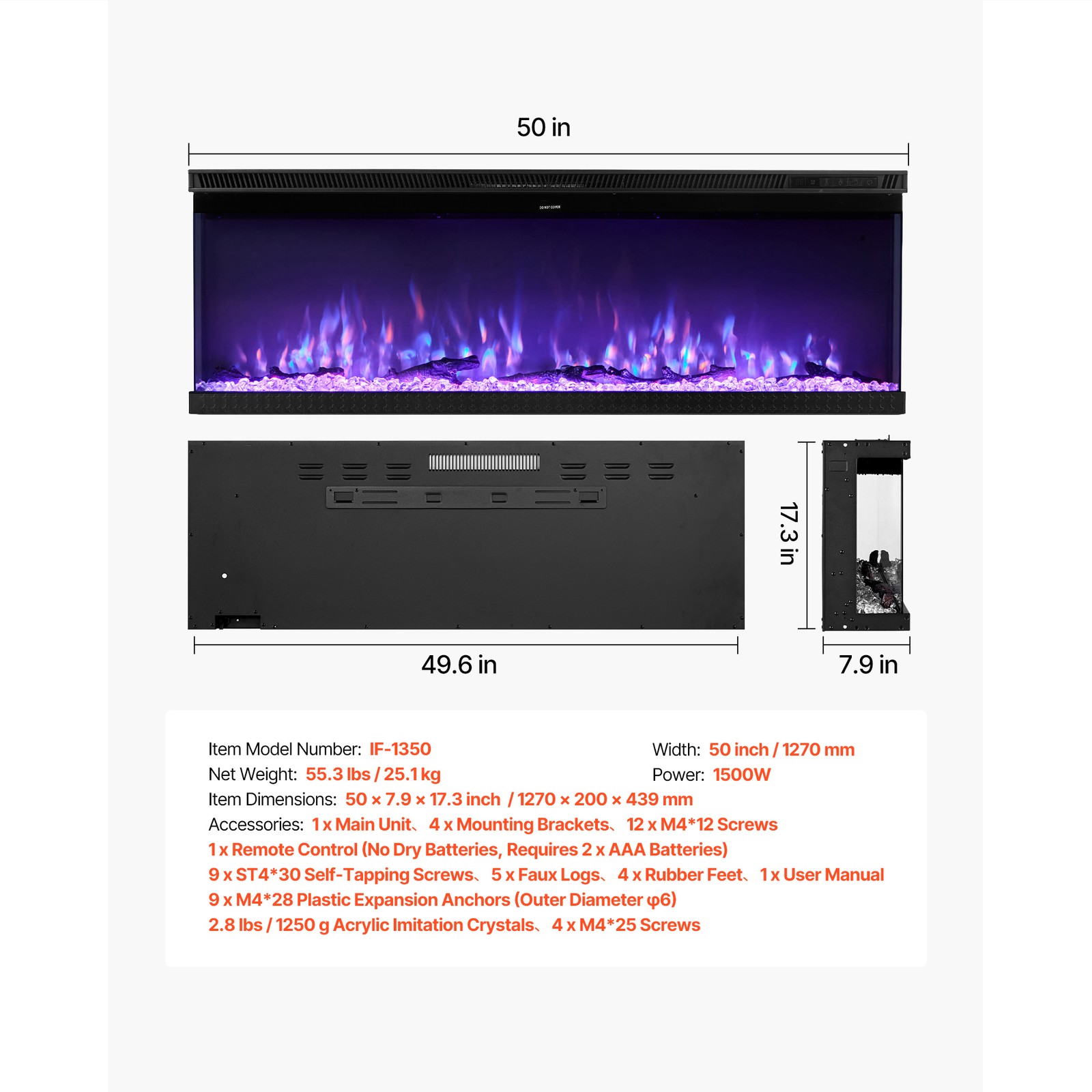 Uimoso 50-Inch Electric Fireplace Three-Sided Glass Wall-Mount & Recessed 1500W