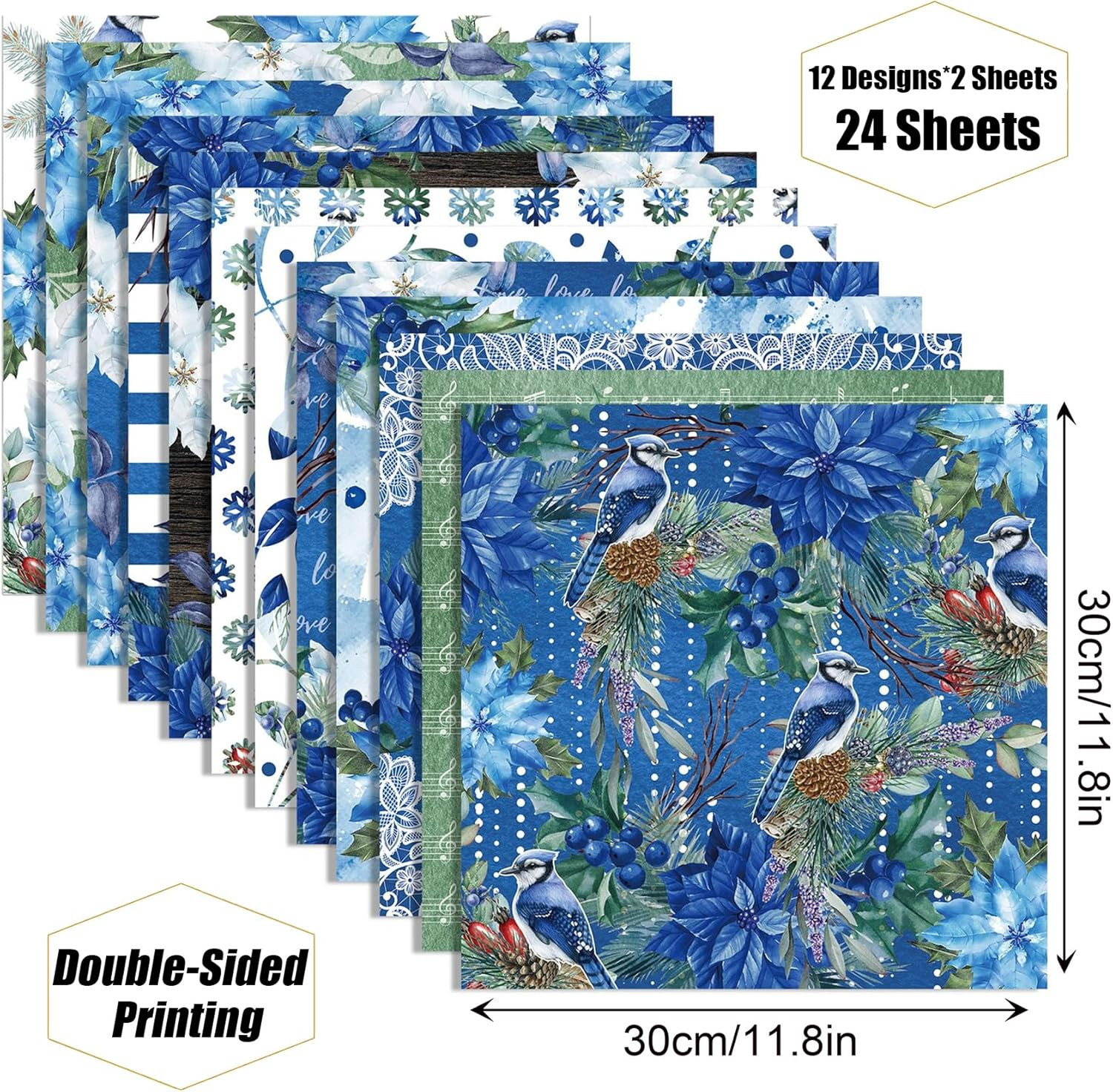 Blue Floral Scrapbook Paper 12x12 Double-Sided 24 Sheets Craft & Card Making