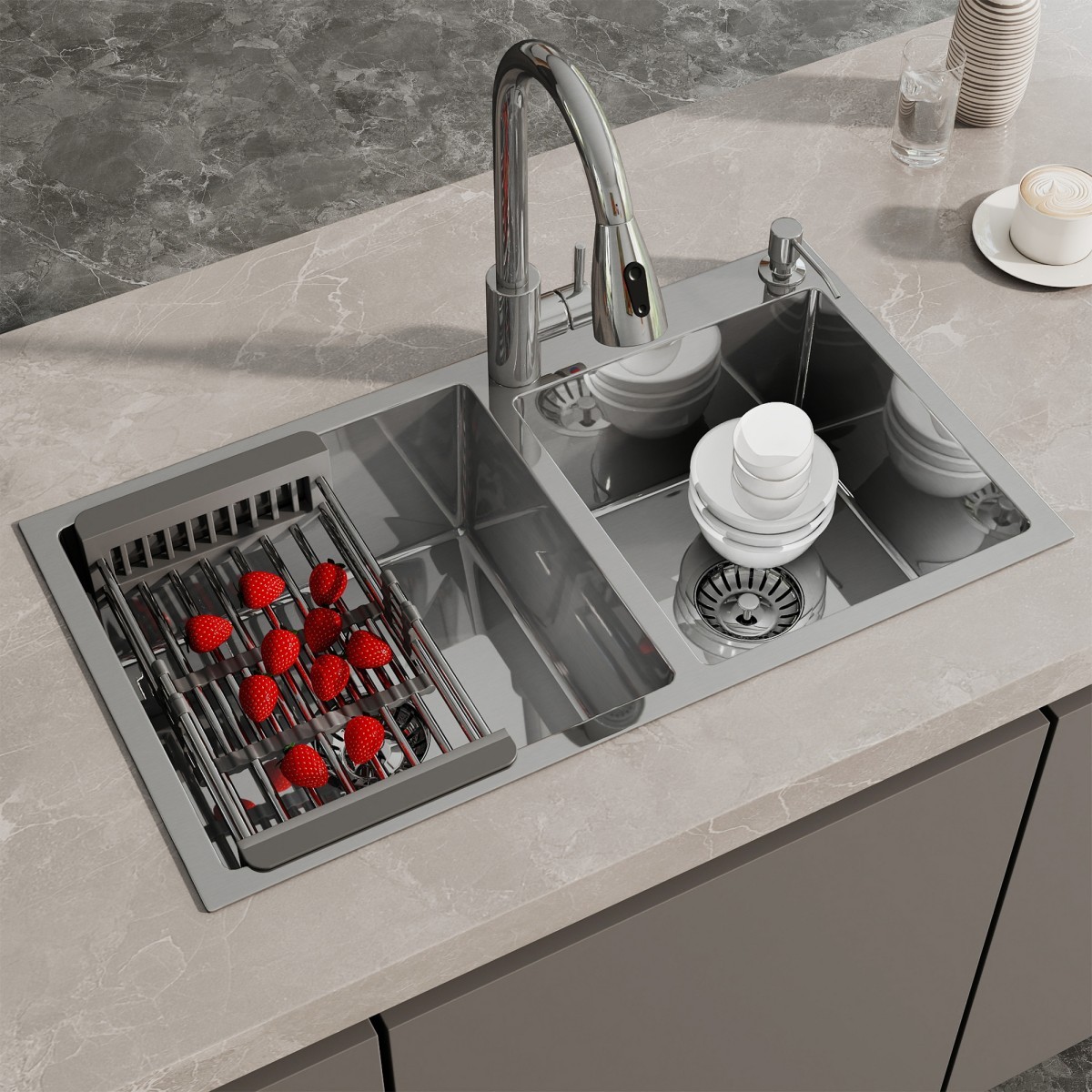 Stainless Steel Kitchen Sink 30" 32" Drop In Top Mount Double Bowl with Faucet