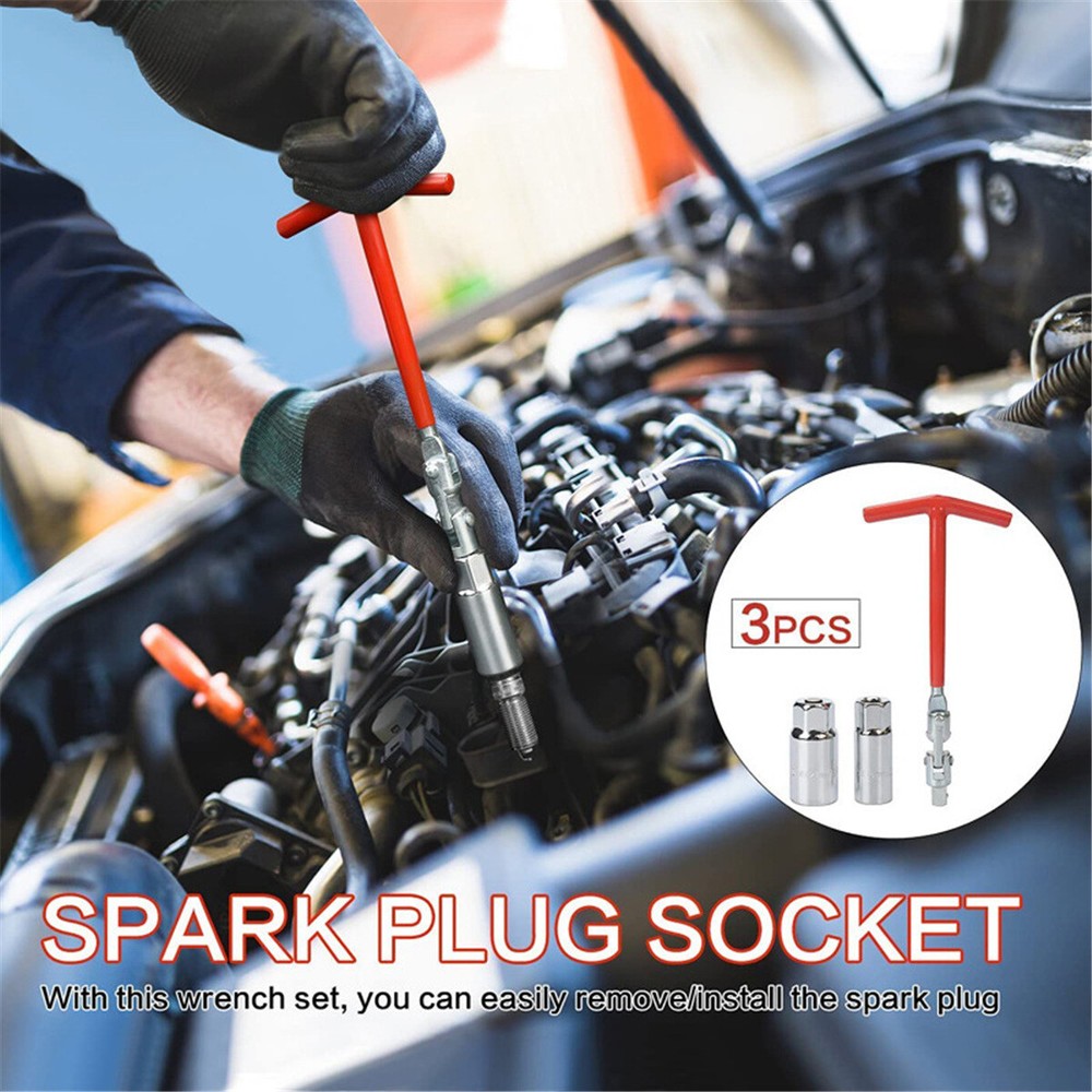 3PCS Spark Plug Removal Tool 16 21mm T-Handle Flexible Spanner Socket Wrench Set