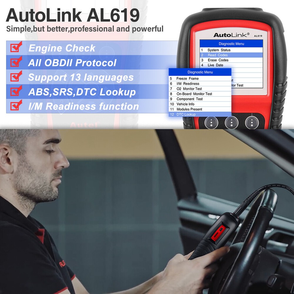 Autel AutoLink AL619 OBD2 Diagnostic Scanner Engine Fault Codes Reader ABS SRS