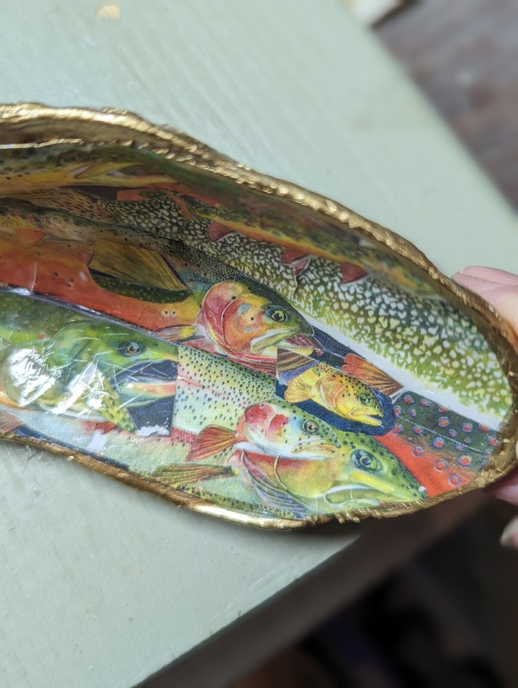 Handcrafted Decoupaged Oyster Shell spotted trout trinket dish