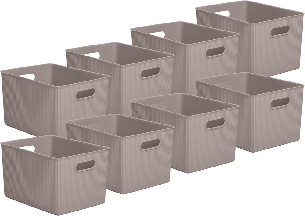 Superio 22L Large Ribbed Storage Bin- Plastic Storage Bin  (8 Pack, Taupe)