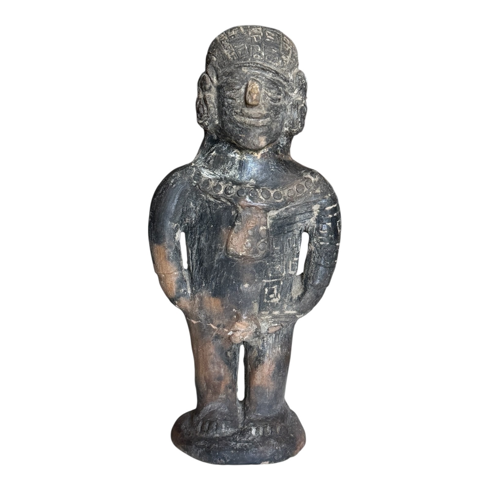 Antique Pre-Columbian West Mexico Blackware Pottery Standing Whistle Figure