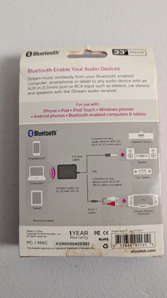 Aluratek iStream Universal Bluetooth Audio Receiver AIS01F Wireless Adapter NEW