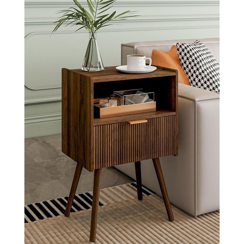 Modern Nightstand Small Side Table W/ Storage Drawer & Open Shelf Elegant Design