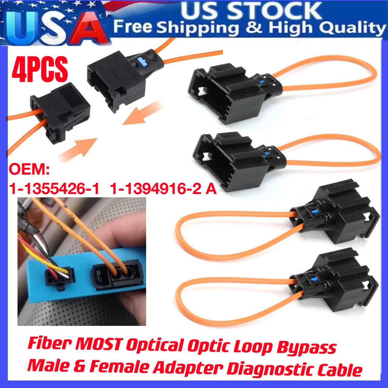 4PCS Fiber MOST Optical Optic Loop Bypass Male&Female Adapter Cable 1-1355426-1