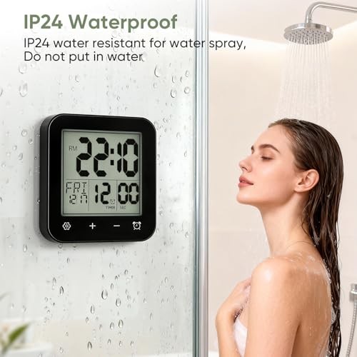Digital Waterproof Shower Clock, Bathroom Kitchen Clock with Countdown Black