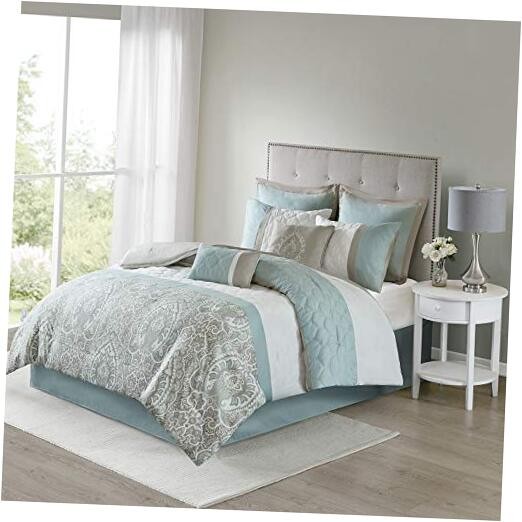 Cozy Comforter Set - Transitional Damask Queen(90"x90") Shawnee-seafoam