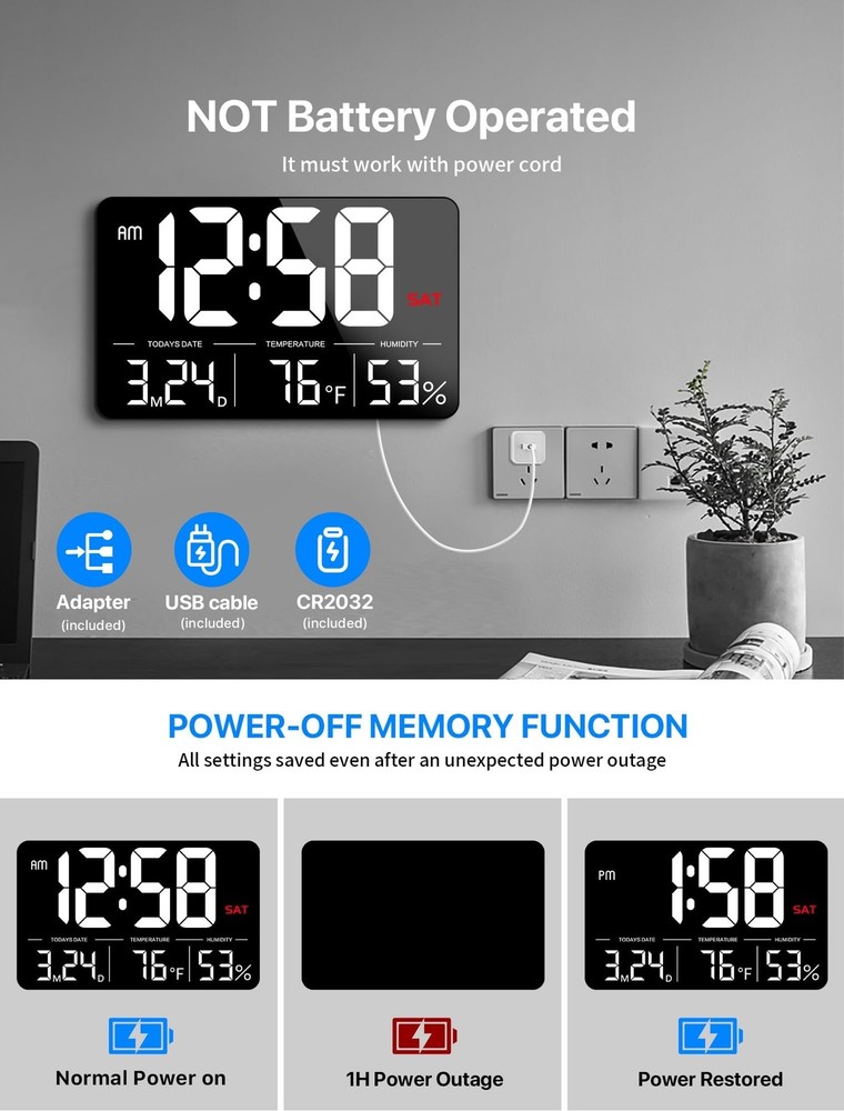 MASHI Digital Clock,13" Large Display Digital Wall Clock, Adjustable Brightne...