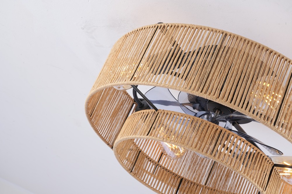 Flush Mount Ceiling Fan with Light & Remote, Matte Black Cage Fan