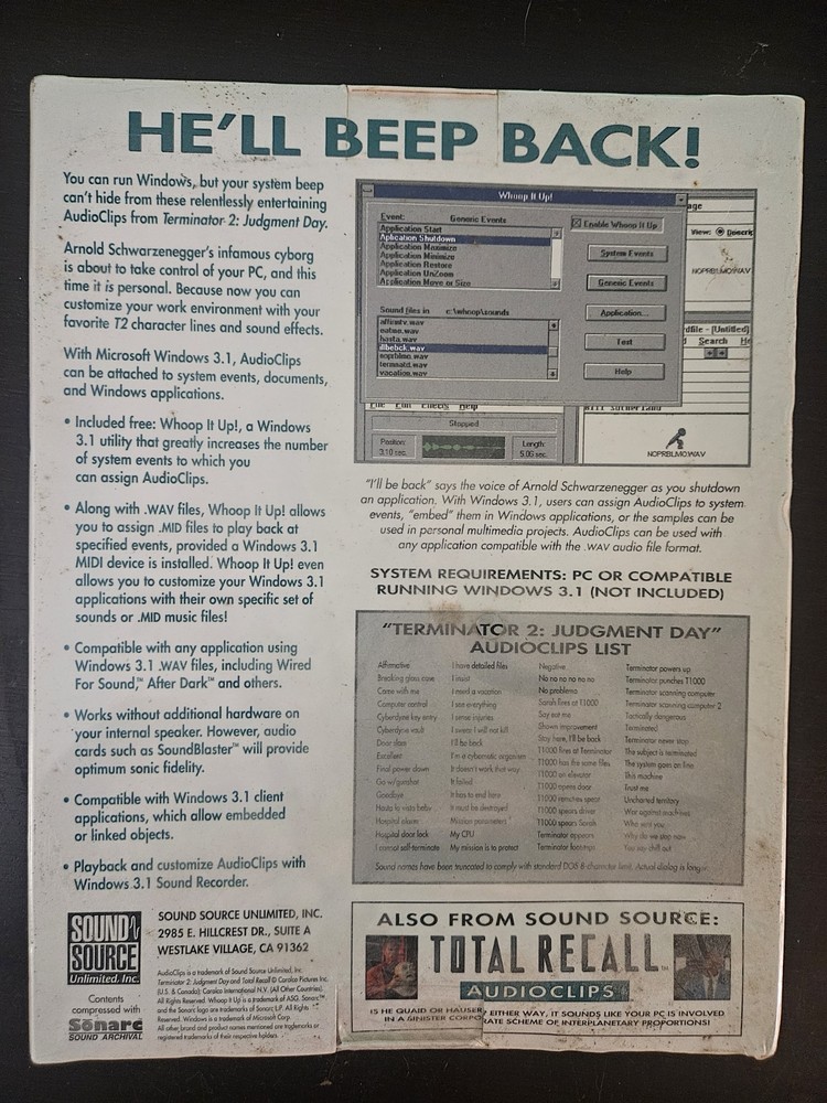 SEALED! UNOPENED TERMINATOR 2 Judgment Day Audioclips PC Multimedia Utility