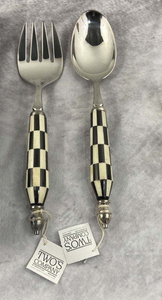 NWT Ornate TWO'S COMPANY Made in India Checkered Style SERVING SALAD FORK/SPOON