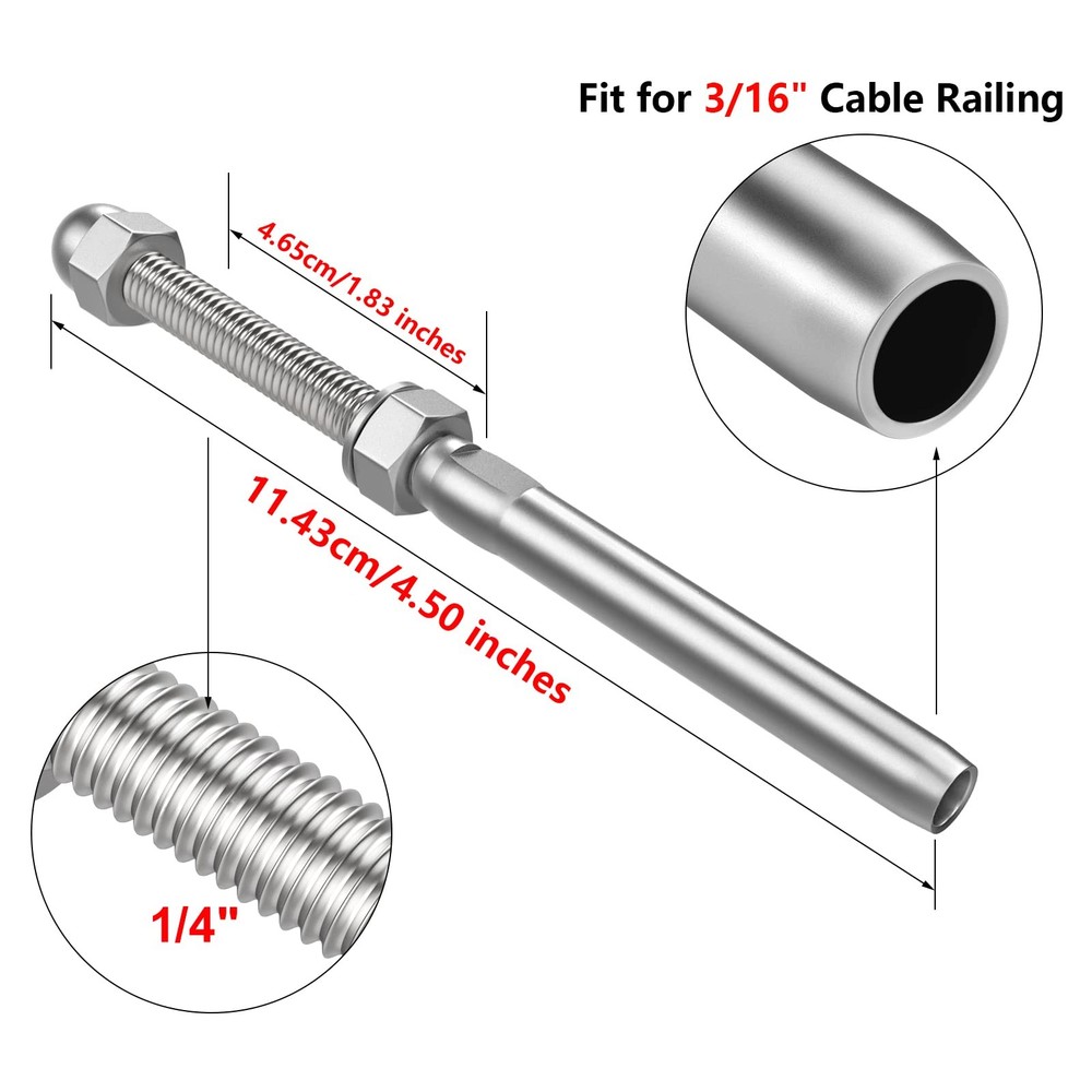 20 Pack 3/16" Cable Railing Swage Threaded Stud Tension End Fitting Terminal ...