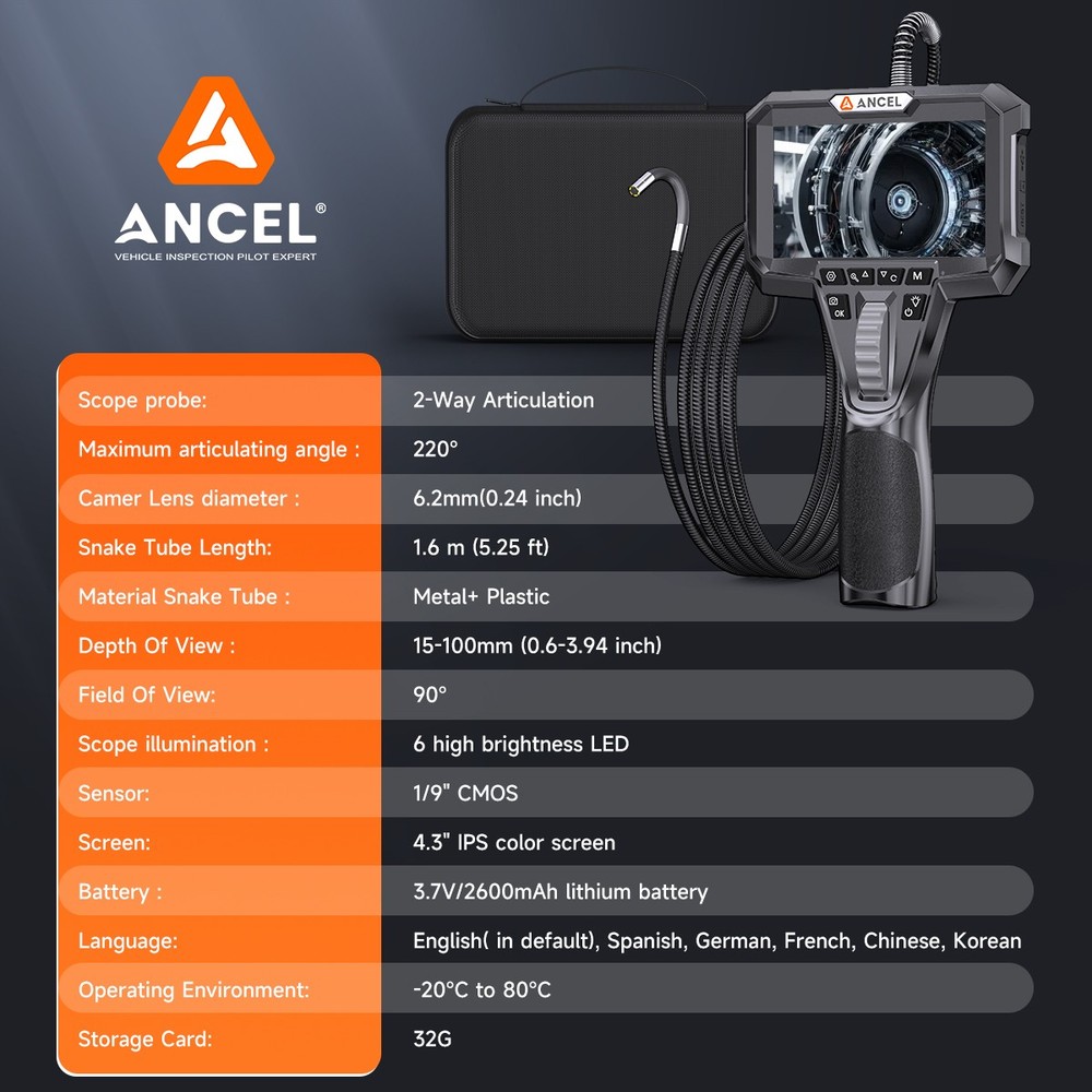 ANCEL AN301 Articulating Endoscope Camera Borescope Support Continuous Recording