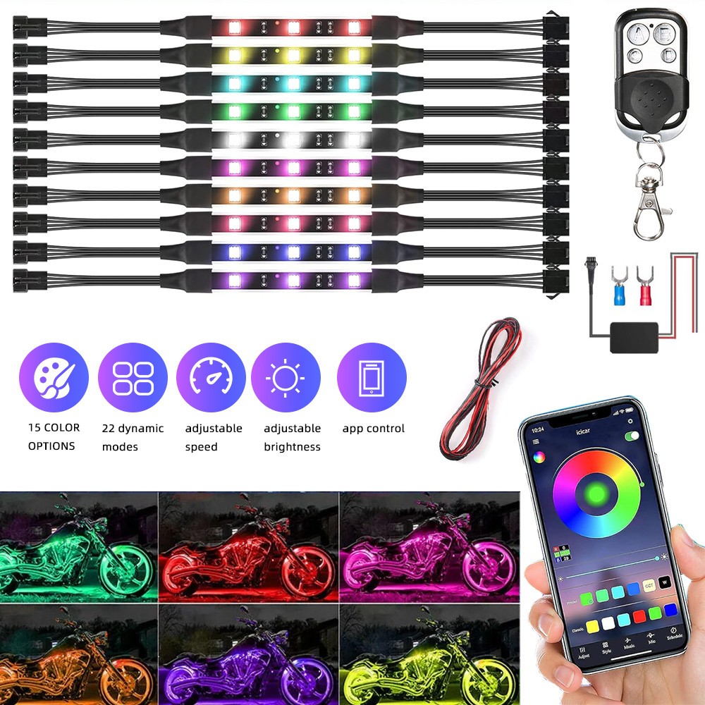 10PCS Motorcycle RGB LED Strip Light Under Glow Neon Kit Bluetooth APP Control