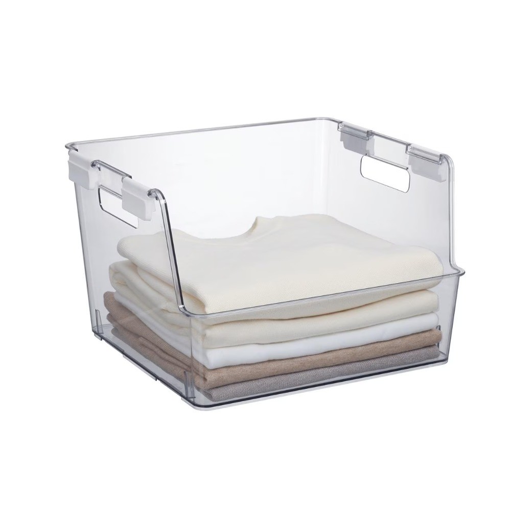 Large Clear Plastic Stackable Bin for Closet with White Latches