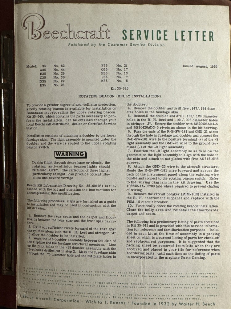 Beechcraft Service Letter 1959 Beechcraft Collection