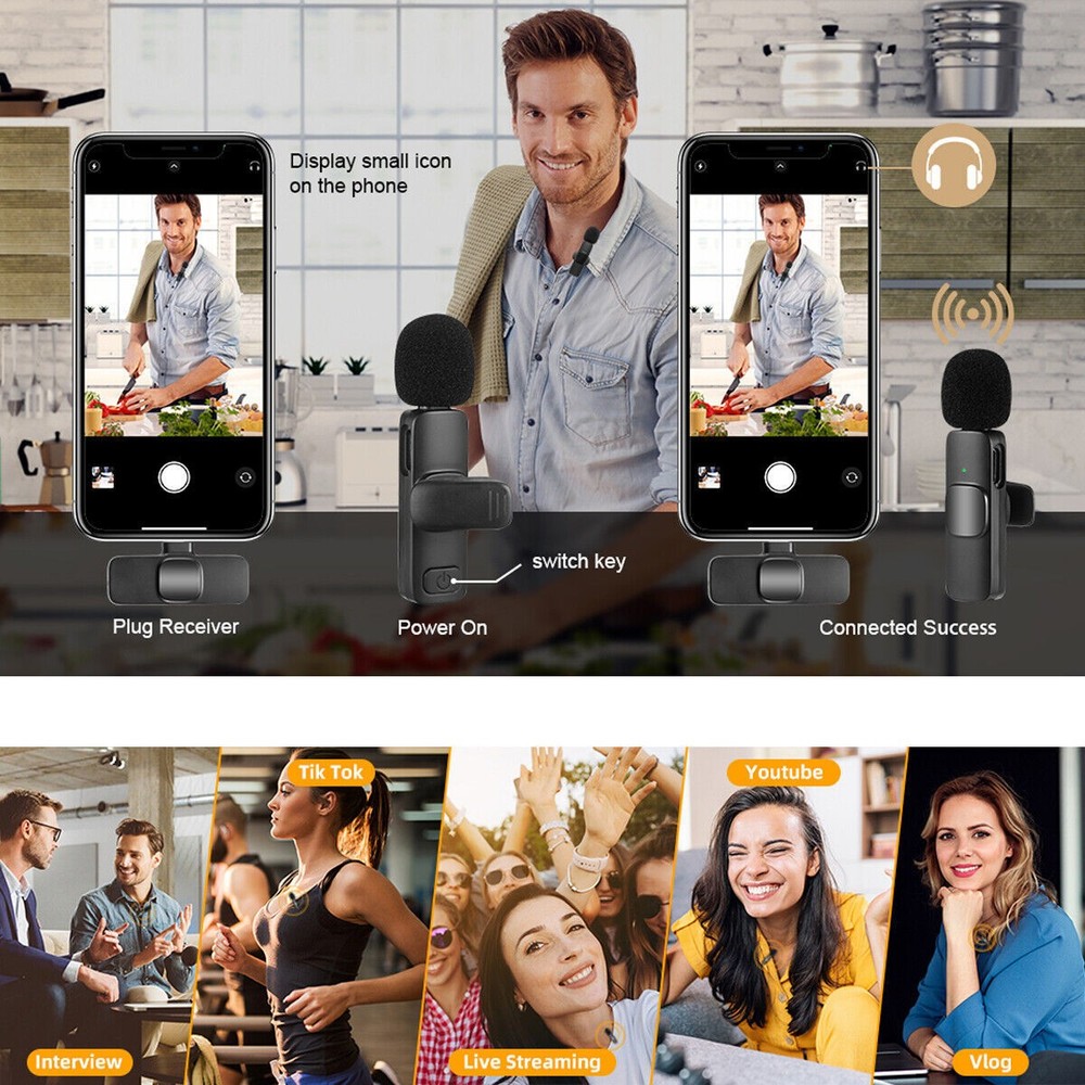 Wireless Lavalier Microphone Mic Audio Video Recording For Android iPhone 16,17
