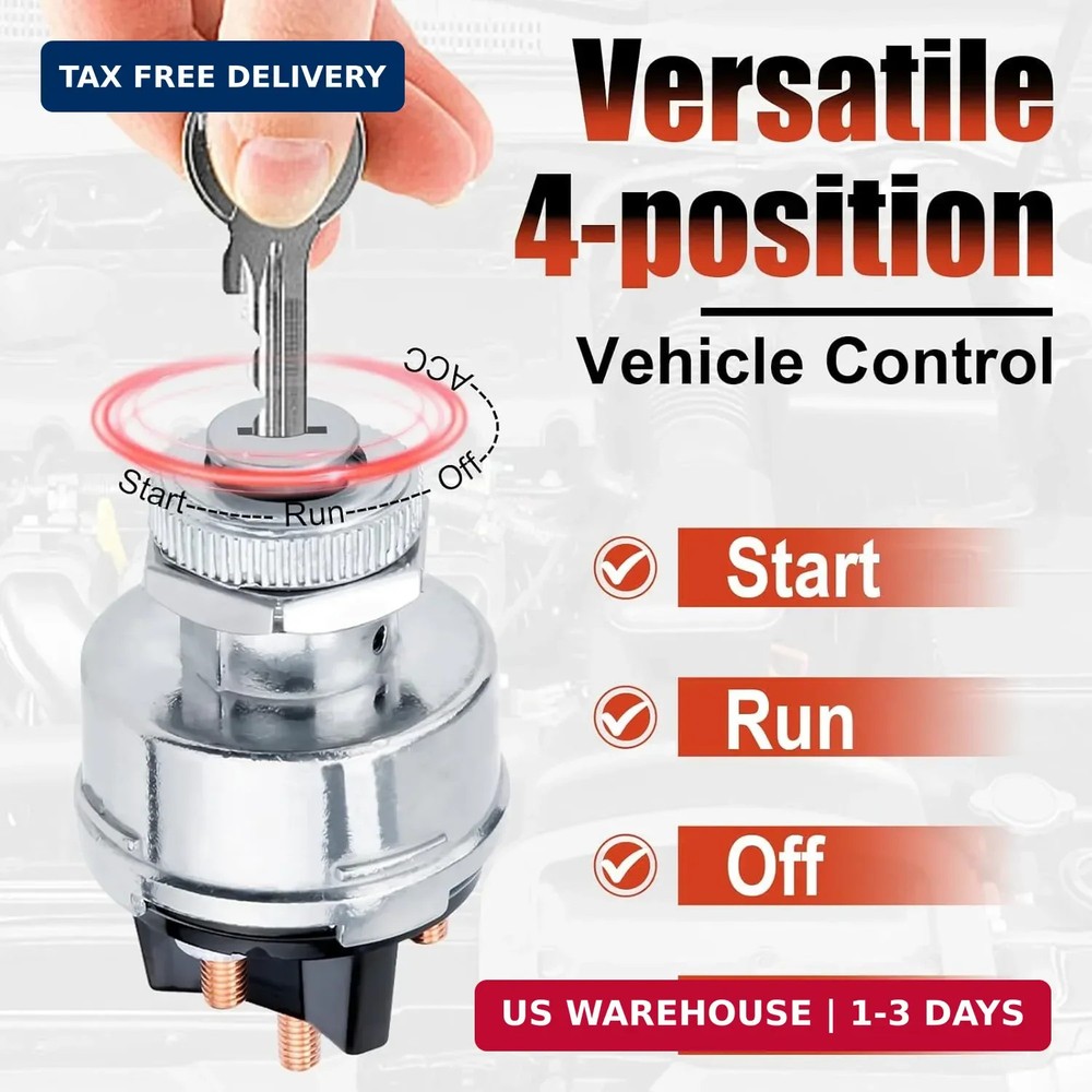 Ignition Switch with Key, Universal Ignition Key Switch, 12V 4 Position Starter