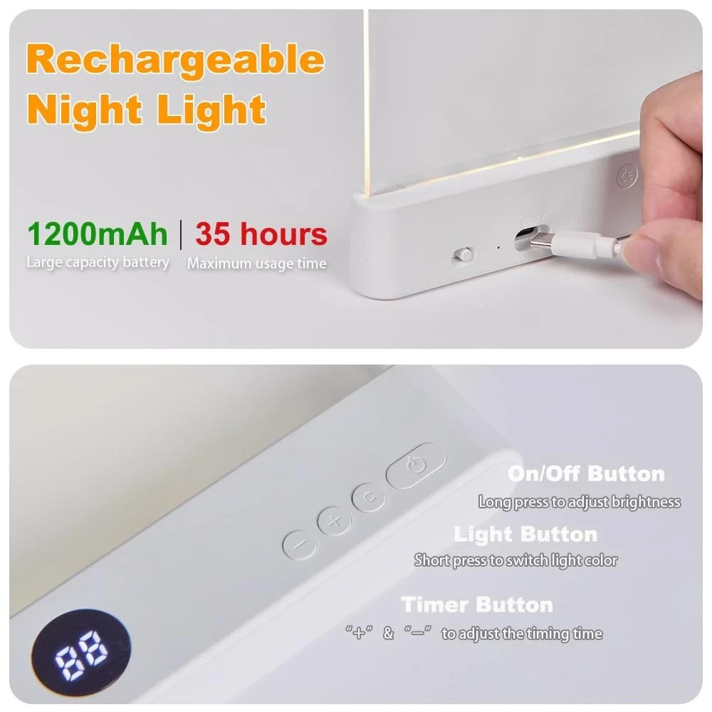 Book Light USB Rechargeable Clear LED Eye Caring Study Kindle with 3 Color Timer