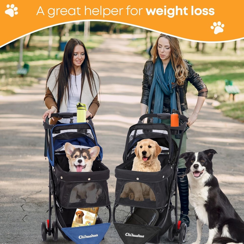 Pet Stroller Dog Stroller Small Medium Dog Cat 3 Wheels Foldable with Canopy