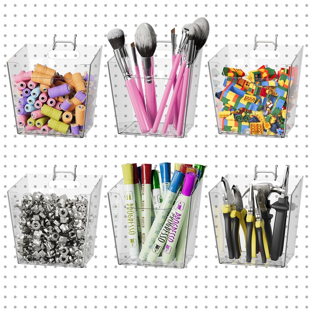 G.CORE Large Pegboard Cups Peg Board Storage Bin 6 Pack with Hooks, Clear