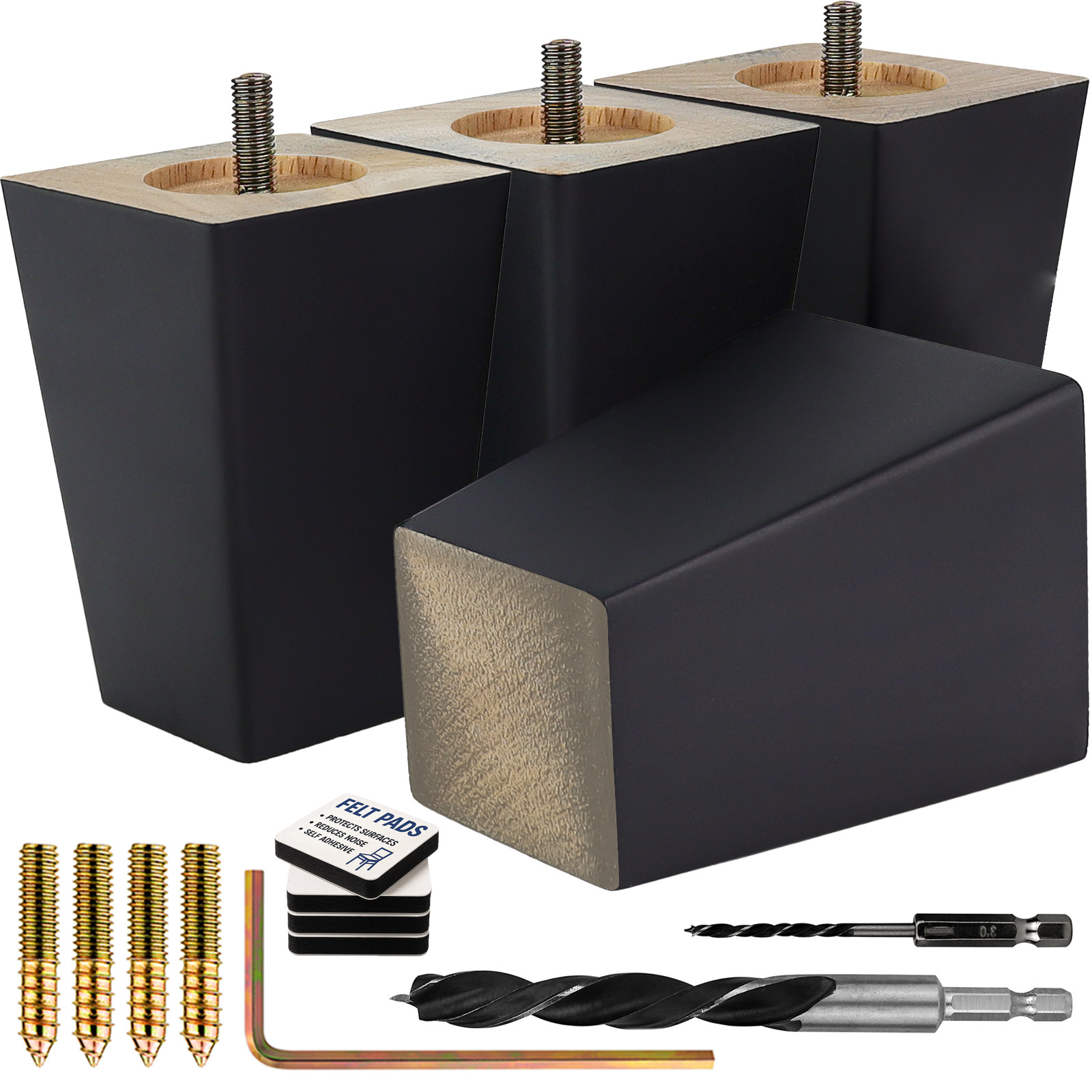 Black Square Furniture Legs Set of 4, 3 4 5 6 8 10 12 in Wood Feet Replacement