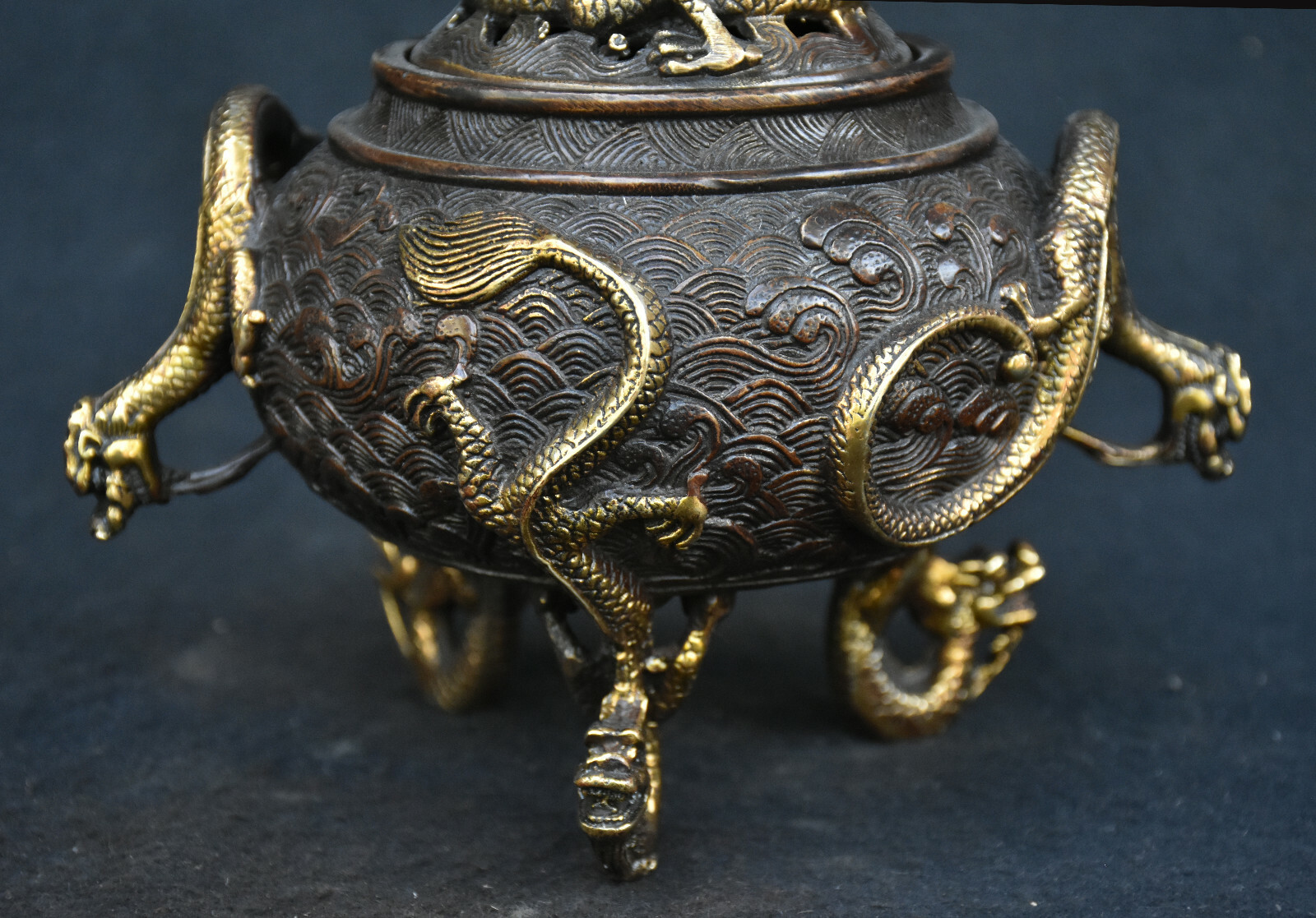 Old Chinese Dynasty Bronze Gilt Animal Dragon Loong Beast Incense Burner Censer
