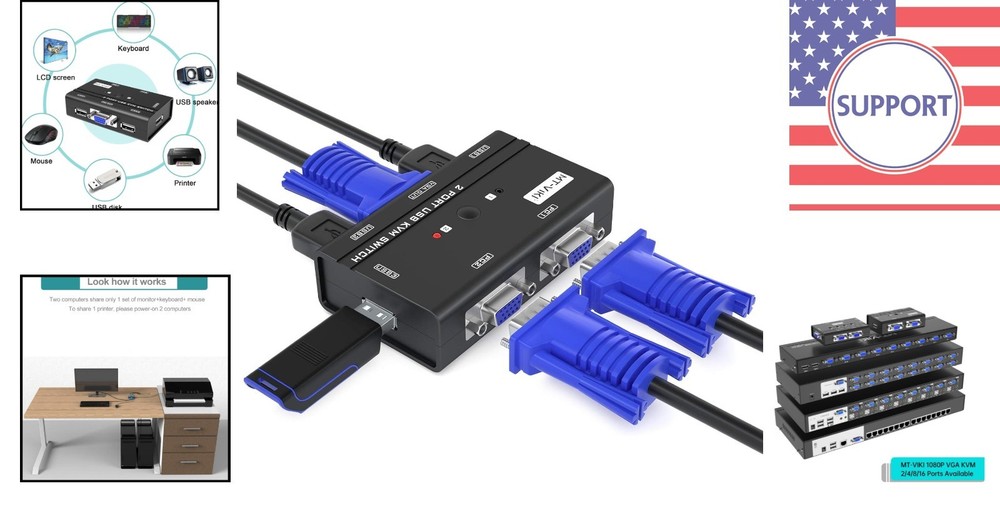 2 Port USB VGA KVM Switch for Dual Computer Use - Easy Push Button Control