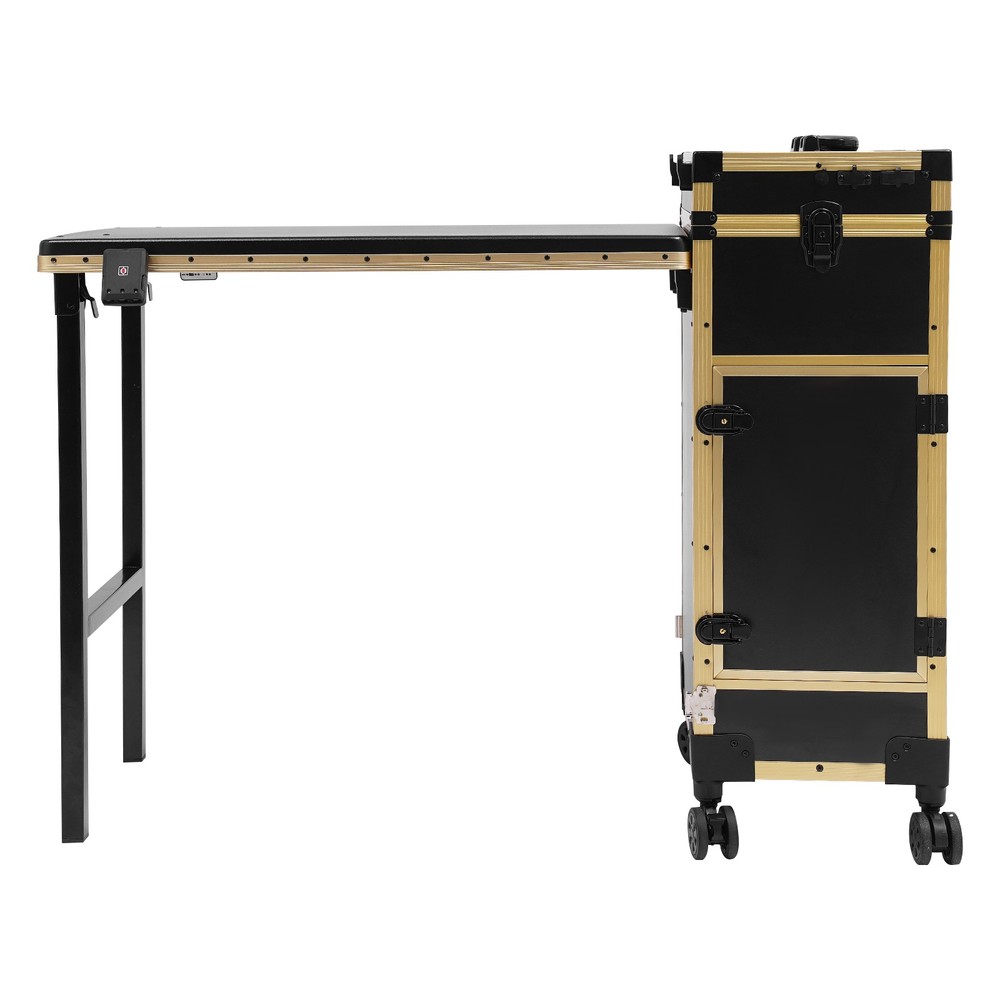 Rolling Makeup Case with Mirror Light Bluetooth Speaker Black Gold Trim Lockable