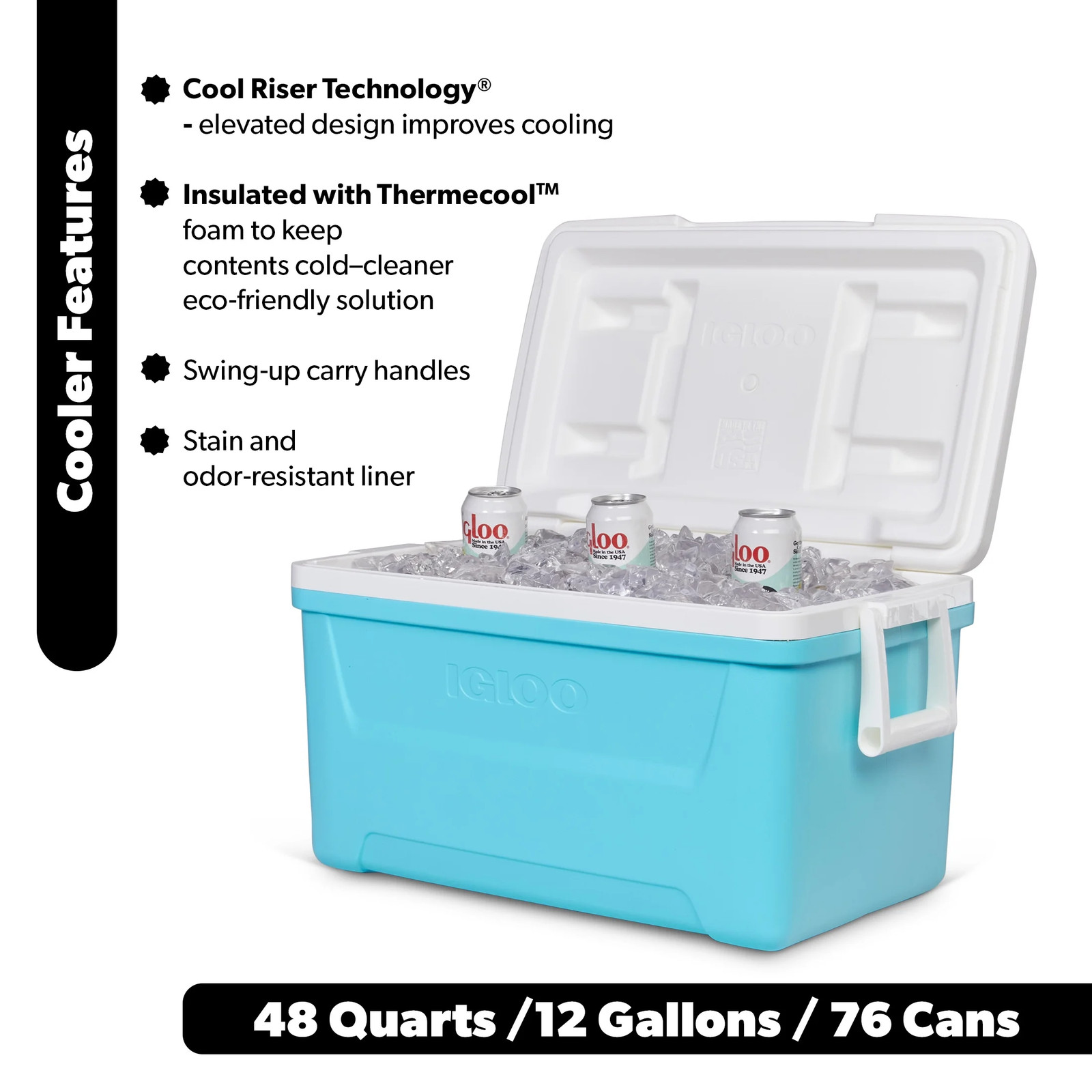 48 QT Laguna Hard-Sided Ice Chest Cooler, Aqua Blue and White