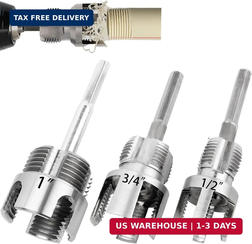 3PCS PVC Pipe Threader Kit 1/2 3/4 1 Inch NPT Drill Compatible Threading Tool US