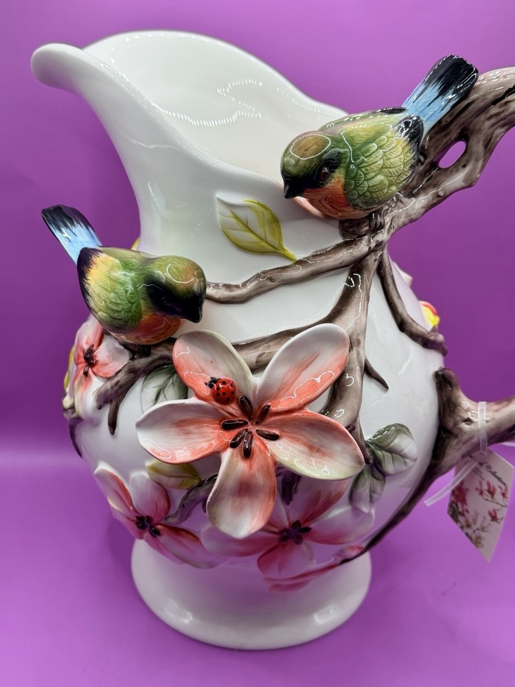 BOTANICAL COLLECTION BY CORNER RUBY STUNNING 3D PITCHER WITH FLOWERS & BIRDS