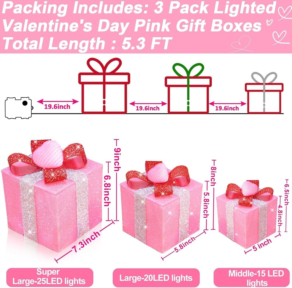 Timer & 8 Mode 3 Pack Valentines Decorations Pink Valentines Lighted Gift Boxes